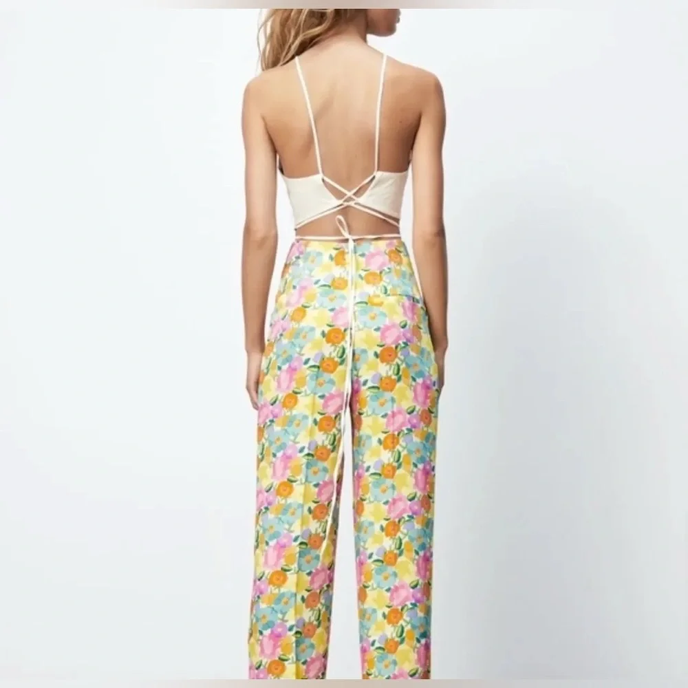 ZARA Floral Print Wide Leg High Waisted Flowy Pants Yellow Blue Green Size XL